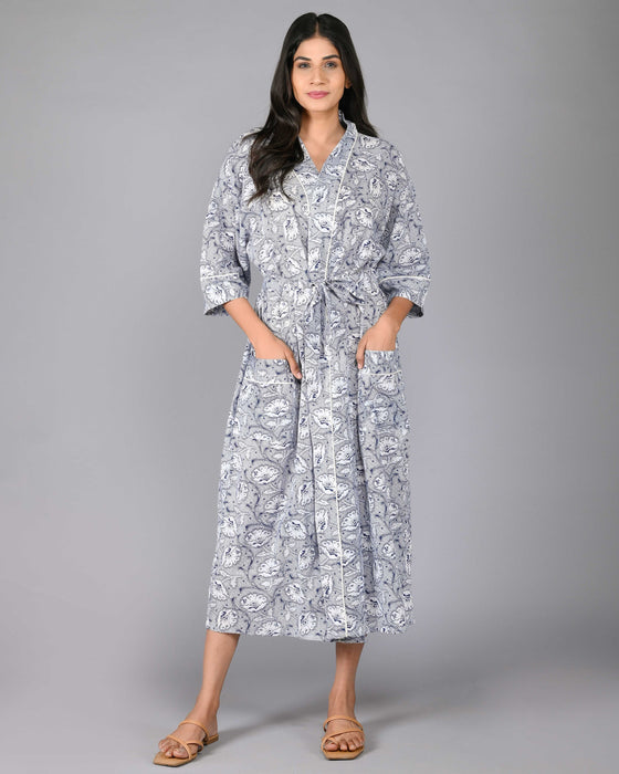 Floral Pattern Kimono Robe Long Bathrobe For Women (Blue)-KM-91