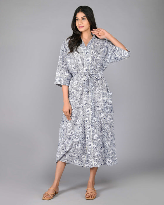 Floral Pattern Kimono Robe Long Bathrobe For Women (Blue)-KM-91