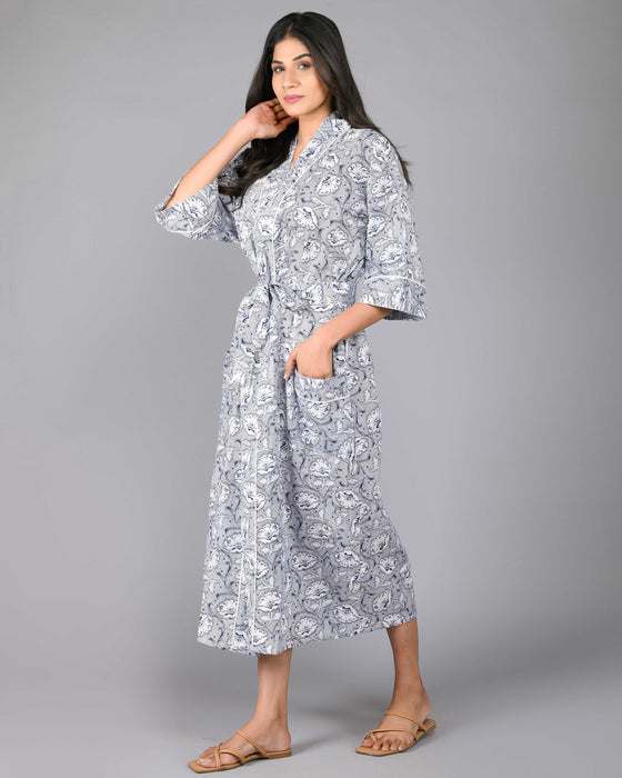 Floral Pattern Kimono Robe Long Bathrobe For Women (Blue)-KM-91