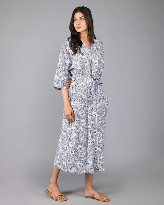 Floral Pattern Kimono Robe Long Bathrobe For Women (Blue)-KM-91