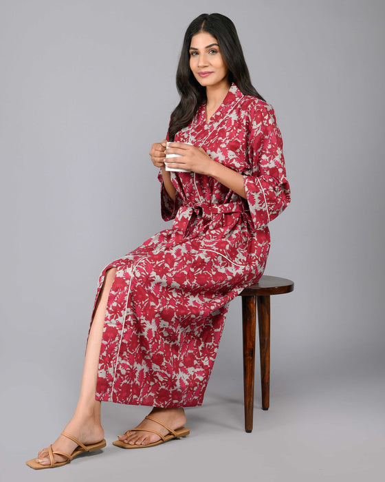 Abstract Pattern Kimono Robe Long Bathrobe For Women (Maroon)-KM-92