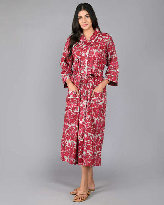 Abstract Pattern Kimono Robe Long Bathrobe For Women (Maroon)-KM-92