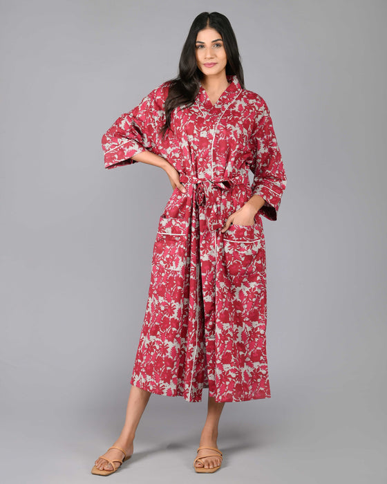 Abstract Pattern Kimono Robe Long Bathrobe For Women (Maroon)-KM-92