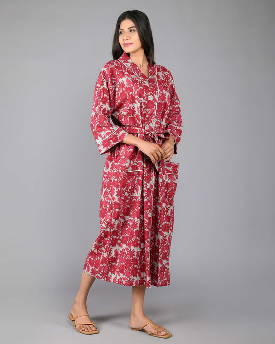 Abstract Pattern Kimono Robe Long Bathrobe For Women (Maroon)-KM-92