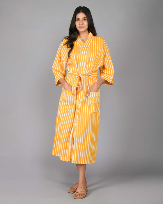 Stripes Pattern Kimono Robe Long Bathrobe For Women (Mustard)-KM-93