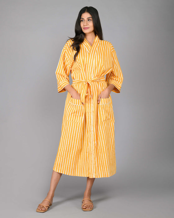 Stripes Pattern Kimono Robe Long Bathrobe For Women (Mustard)-KM-93