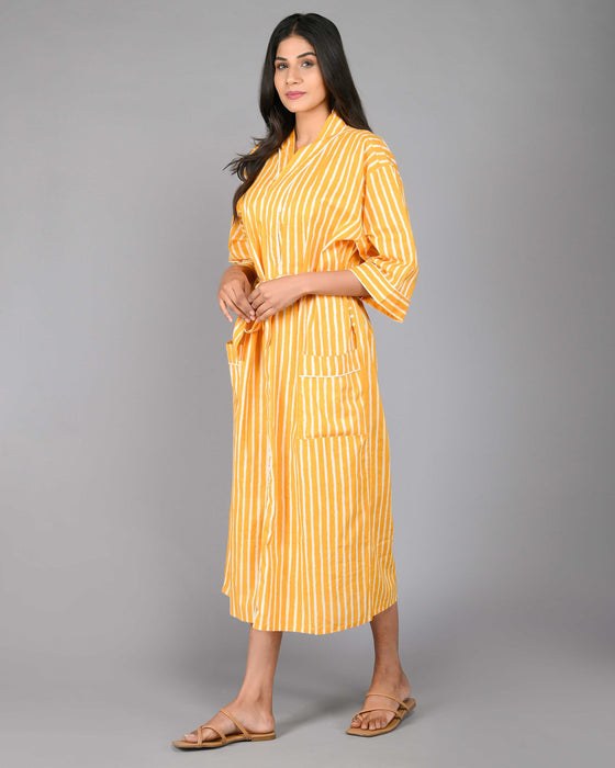 Stripes Pattern Kimono Robe Long Bathrobe For Women (Mustard)-KM-93