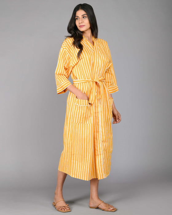 Stripes Pattern Kimono Robe Long Bathrobe For Women (Mustard)-KM-93