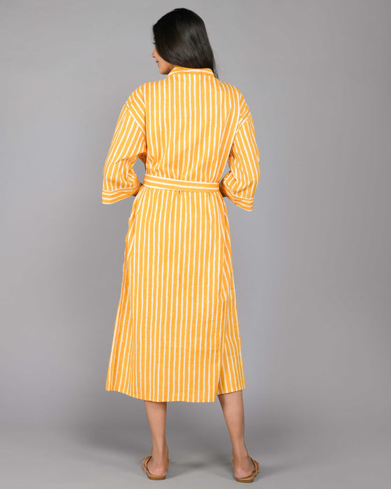 Stripes Pattern Kimono Robe Long Bathrobe For Women (Mustard)-KM-93