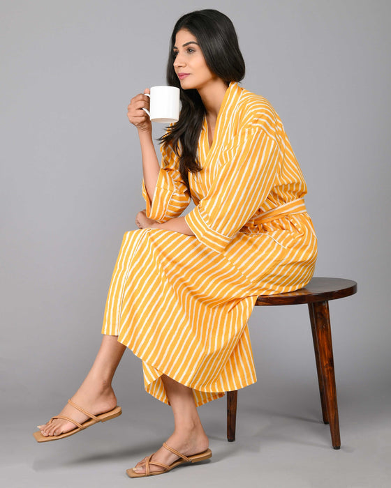 Stripes Pattern Kimono Robe Long Bathrobe For Women (Mustard)-KM-93