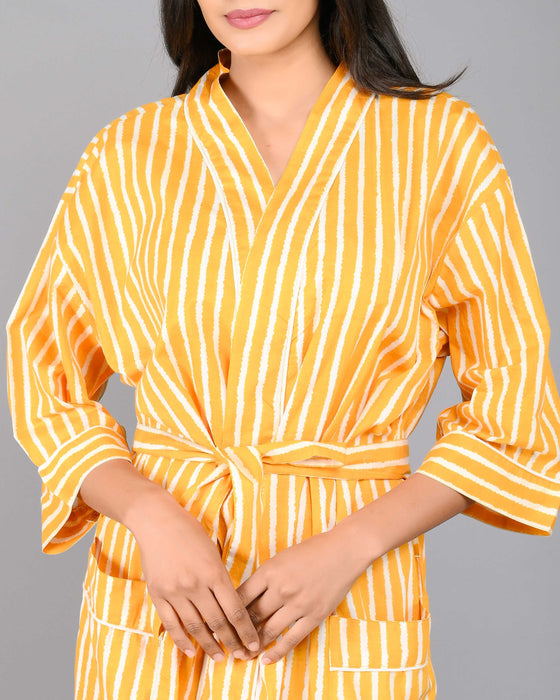 Stripes Pattern Kimono Robe Long Bathrobe For Women (Mustard)-KM-93