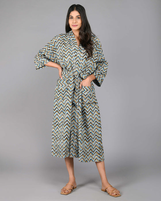 Zig Zag Pattern Kimono Robe Long Bathrobe For Women (Multi)-KM-94