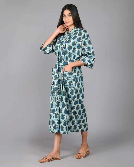 Floral Pattern Kimono Robe Long Bathrobe For Women (Green)-KM-95