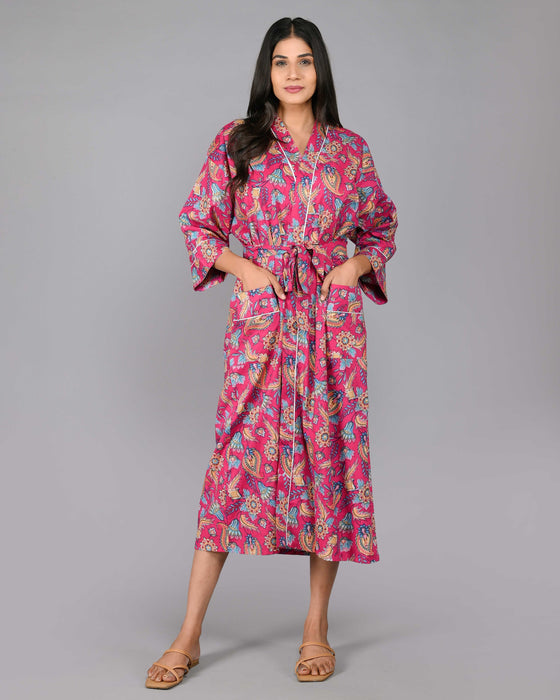 Floral Pattern Kimono Robe Long Bathrobe For Women (Pink)-KM-97