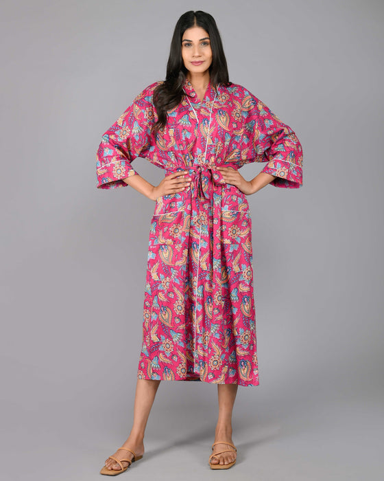 Floral Pattern Kimono Robe Long Bathrobe For Women (Pink)-KM-97