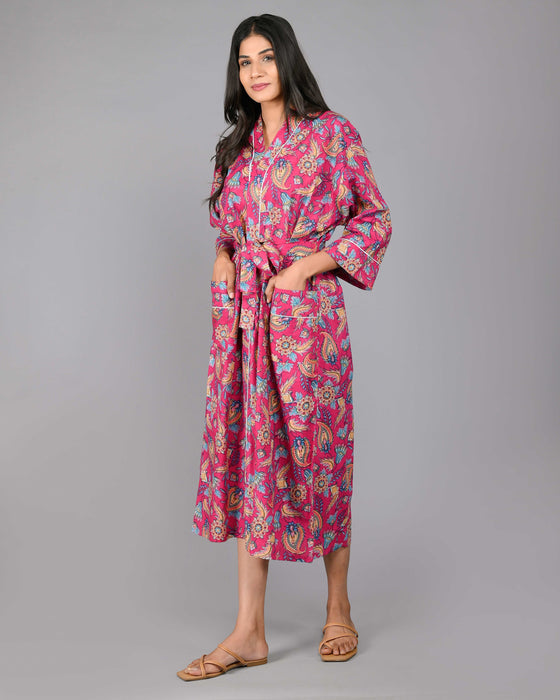 Floral Pattern Kimono Robe Long Bathrobe For Women (Pink)-KM-97