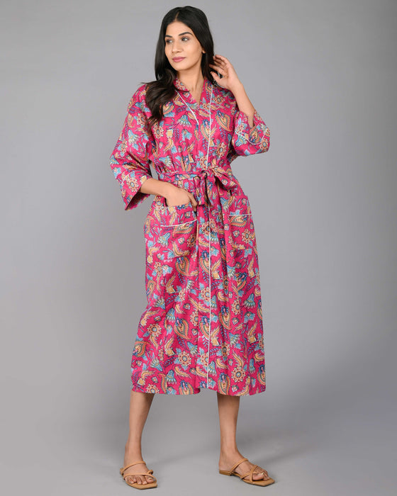 Floral Pattern Kimono Robe Long Bathrobe For Women (Pink)-KM-97