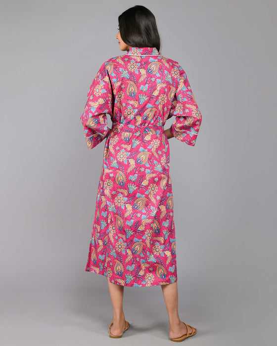 Floral Pattern Kimono Robe Long Bathrobe For Women (Pink)-KM-97