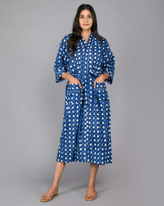 Geometric Pattern Kimono Robe Long Bathrobe For Women (Blue)-KM-98