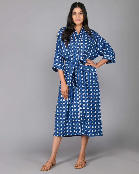 Geometric Pattern Kimono Robe Long Bathrobe For Women (Blue)-KM-98