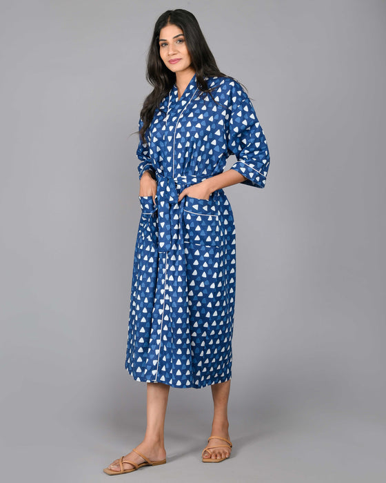 Geometric Pattern Kimono Robe Long Bathrobe For Women (Blue)-KM-98