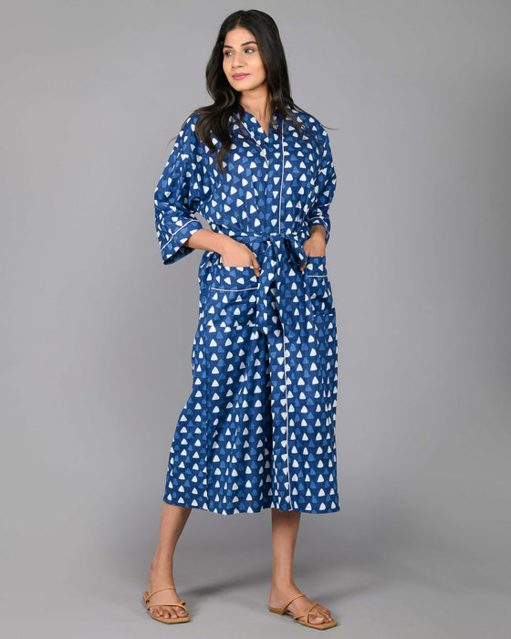 Geometric Pattern Kimono Robe Long Bathrobe For Women (Blue)-KM-98