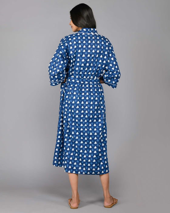 Geometric Pattern Kimono Robe Long Bathrobe For Women (Blue)-KM-98