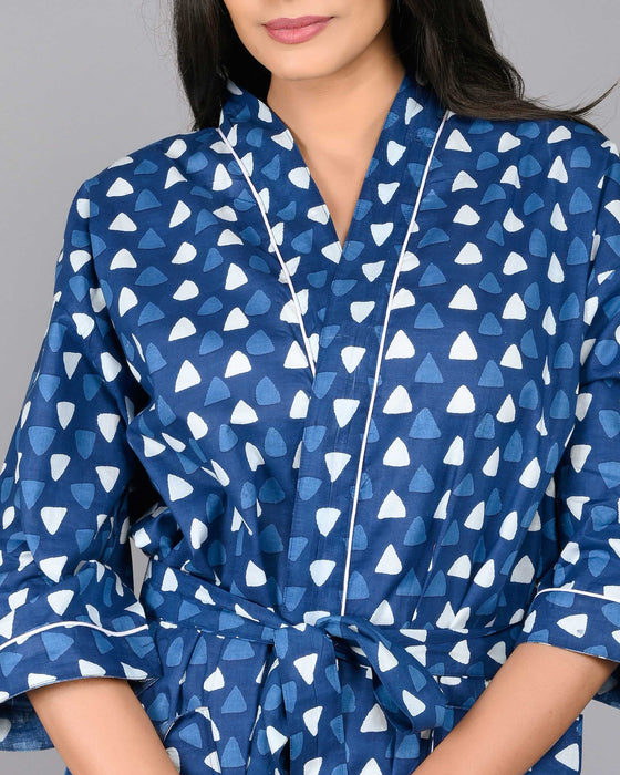 Geometric Pattern Kimono Robe Long Bathrobe For Women (Blue)-KM-98