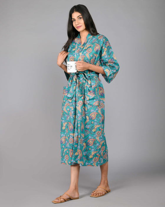 Floral Pattern Kimono Robe Long Bathrobe For Women (Green)-KM-99