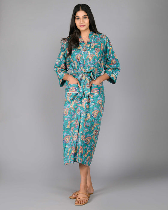 Floral Pattern Kimono Robe Long Bathrobe For Women (Green)-KM-99