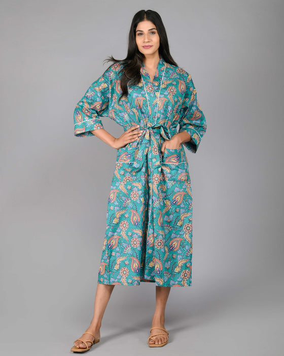 Floral Pattern Kimono Robe Long Bathrobe For Women (Green)-KM-99