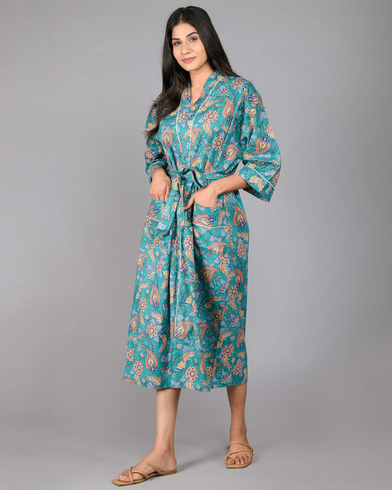 Floral Pattern Kimono Robe Long Bathrobe For Women (Green)-KM-99