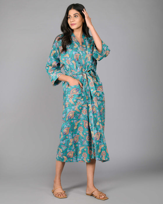 Floral Pattern Kimono Robe Long Bathrobe For Women (Green)-KM-99