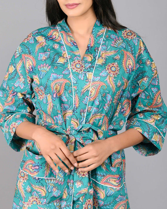 Floral Pattern Kimono Robe Long Bathrobe For Women (Green)-KM-99