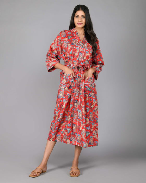 Floral Pattern Kimono Robe Long Bathrobe For Women (Red)-KM-100