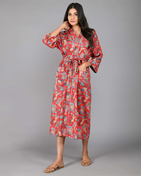 Floral Pattern Kimono Robe Long Bathrobe For Women (Red)-KM-100