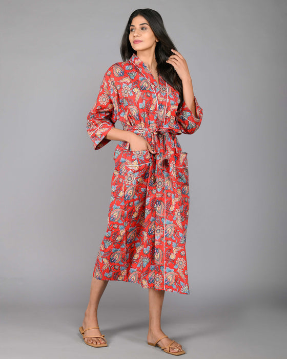 Floral Pattern Kimono Robe Long Bathrobe For Women (Red)-KM-100