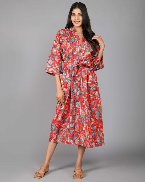 Floral Pattern Kimono Robe Long Bathrobe For Women (Red)-KM-100