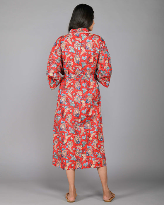 Floral Pattern Kimono Robe Long Bathrobe For Women (Red)-KM-100