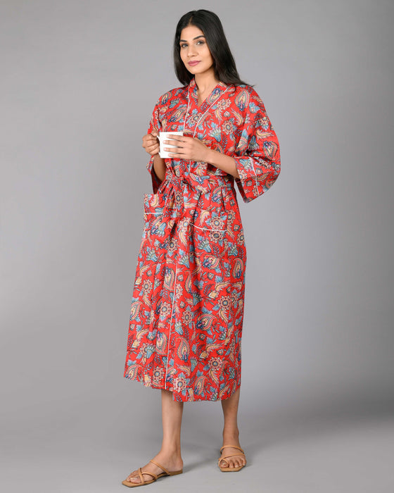 Floral Pattern Kimono Robe Long Bathrobe For Women (Red)-KM-100