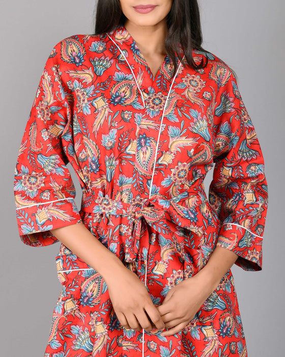 Floral Pattern Kimono Robe Long Bathrobe For Women (Red)-KM-100