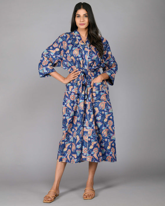 Floral Pattern Kimono Robe Long Bathrobe For Women (Blue)-KM-102