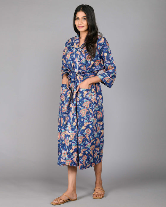 Floral Pattern Kimono Robe Long Bathrobe For Women (Blue)-KM-102