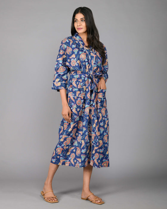 Floral Pattern Kimono Robe Long Bathrobe For Women (Blue)-KM-102