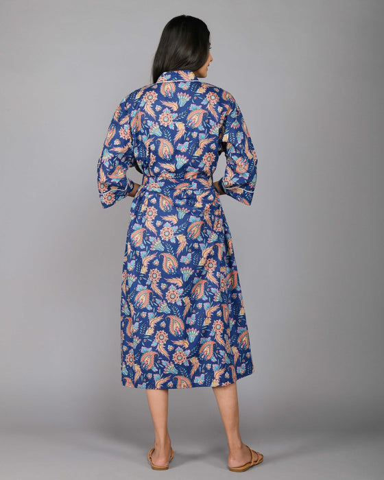 Floral Pattern Kimono Robe Long Bathrobe For Women (Blue)-KM-102