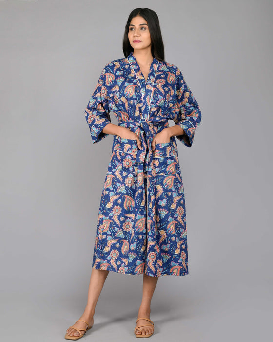 Floral Pattern Kimono Robe Long Bathrobe For Women (Blue)-KM-102