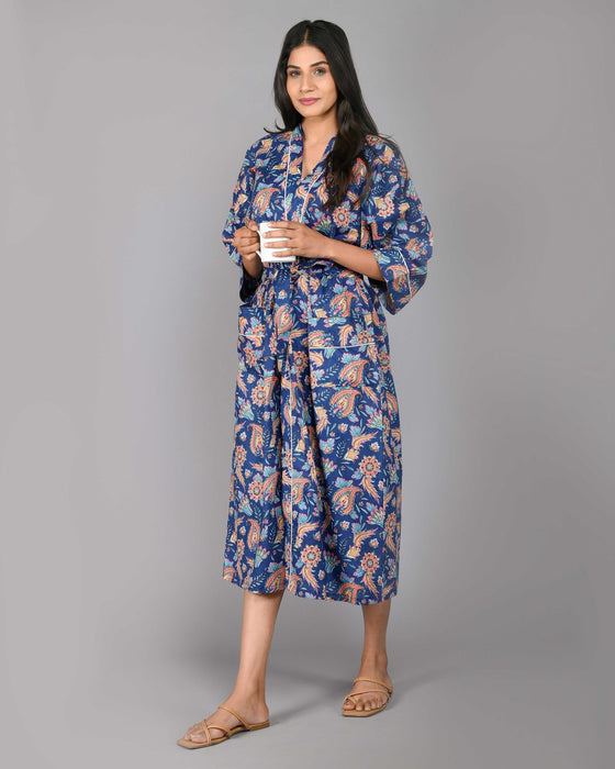 Floral Pattern Kimono Robe Long Bathrobe For Women (Blue)-KM-102