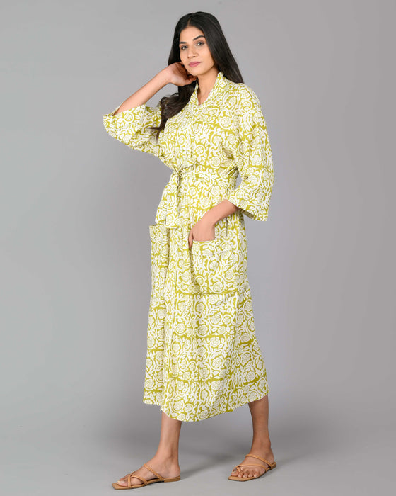 Floral Pattern Kimono Robe Long Bathrobe For Women (Green)-KM-103