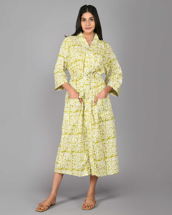 Floral Pattern Kimono Robe Long Bathrobe For Women (Green)-KM-103