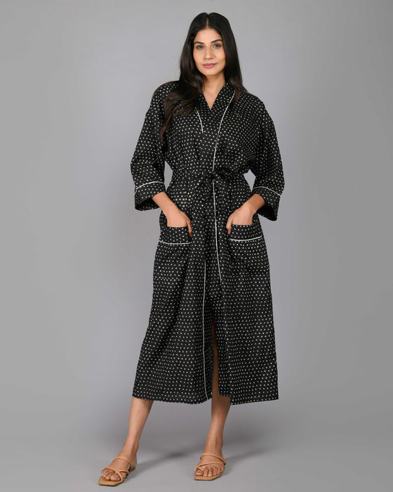 Polka Dot Pattern Kimono Robe Long Bathrobe For Women (Black)-KM-104